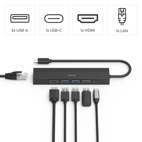 Hama 6in1 dokkoló adapter V2 (USB-C, 3x USB-A, HDMI, LAN, PD) (00200144)