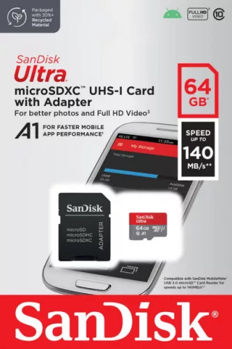 SanDisk Ultra® microSDXC™ 64GB memóriakártya + adapter (UHS-I) (140MB/s) (Class10) (A1) (00215421)