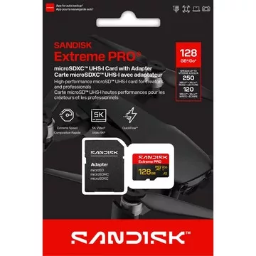 SANDISK Extreme PRO microSDXC memóriakártya 128GB, 250/120MB/s, 5K, 4K UHD-UHS-I