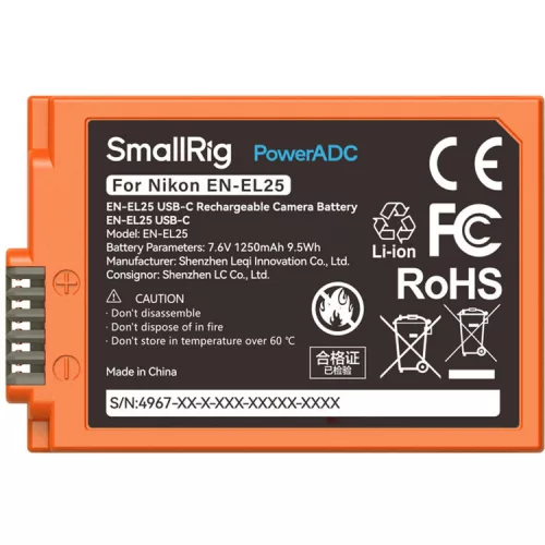SmallRig 4967 EN-EL25 USB-C Rechargeable Camera Battery Orange