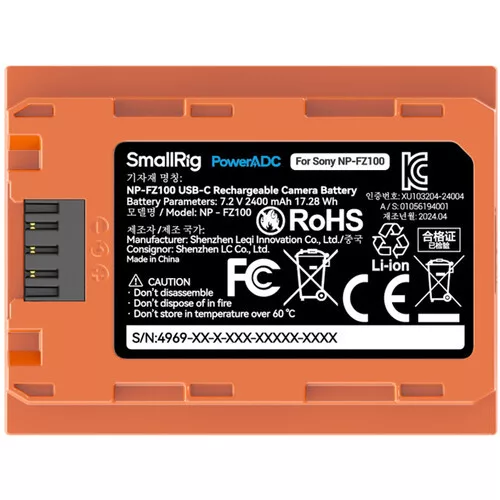 SmallRig 4969 NP-FZ100 USB-C Rechargeable Camera Battery Orange