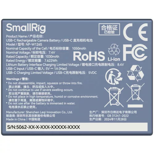 SmallRig 5062 USB-C Rechargeable Camera Battery NP-W126S