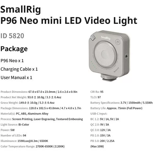 SmallRig 5820 Neo mini LED Video Light P96 (Morandi Gray)