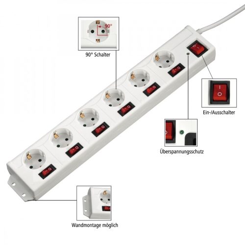 Hama hálózati elosztó XL, 6 részes (külön is kapcsolható) (white) (137239)