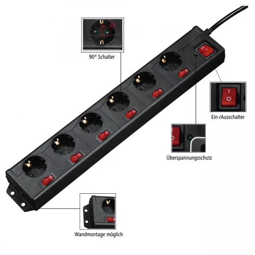 Hama hálózati elosztó XL, 6 részes (külön is kapcsolható) (black) (137259)