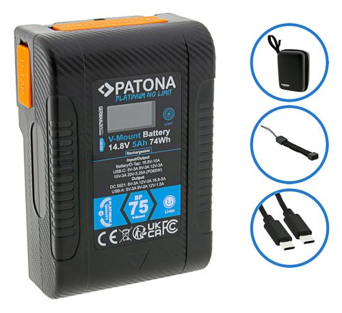 PATONA V-Mount BP-75W PLATINUM akkumulátor (LCD) (D-TAP + USB-A + USB-C + DC) (74Wh / 5.000mAh) (1382)