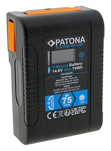 PATONA V-Mount BP-75W PLATINUM akkumulátor (LCD) (D-TAP + USB-A + USB-C + DC) (74Wh / 5.000mAh) (1382)