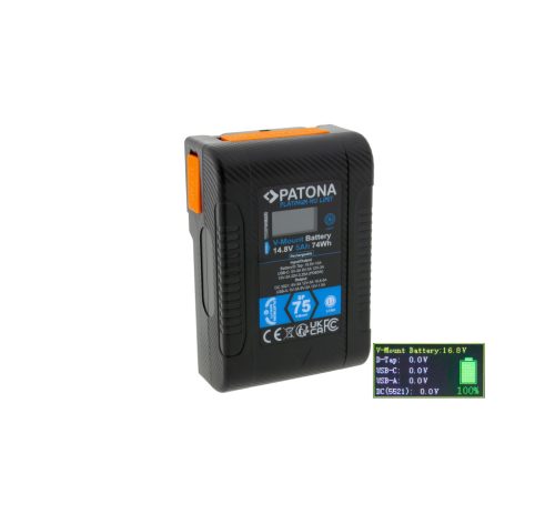 PATONA V-Mount BP-75W PLATINUM akkumulátor (LCD) (D-TAP + USB-A + USB-C + DC) (74Wh / 5.000mAh) (1382)
