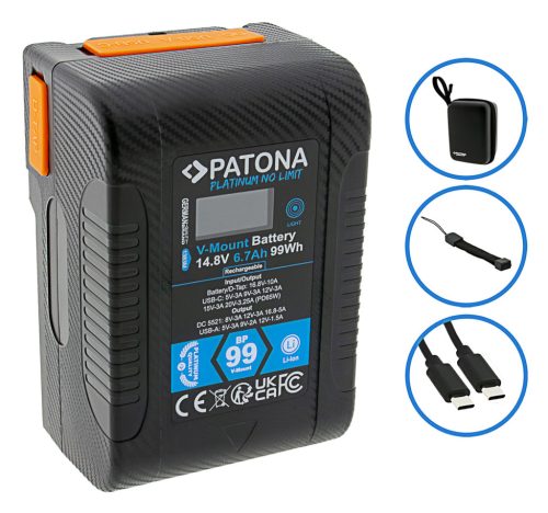 PATONA V-Mount BP-99W PLATINUM akkumulátor (LCD) (D-TAP + USB-A + USB-C + DC) (99Wh / 6.700mAh) (1383)