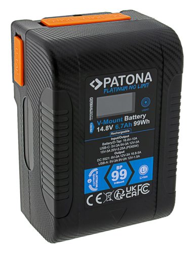 PATONA V-Mount BP-99W PLATINUM akkumulátor (LCD) (D-TAP + USB-A + USB-C + DC) (99Wh / 6.700mAh) (1383)