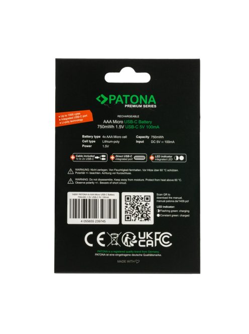 PATONA AAA PREMIUM akkumulátor (USB-C) (500mAh) (4db) (1409)