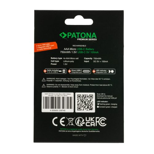 PATONA AAA PREMIUM akkumulátor (USB-C) (500mAh) (4db) (1409)