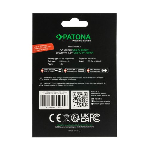 PATONA AA PREMIUM akkumulátor (USB-C) (2.000mAh) (4db) (1410)