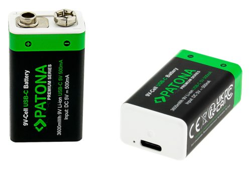 PATONA 9V (6F22) PREMIUM akkumulátor (USB-C) (400mAh) (2db) (1413)