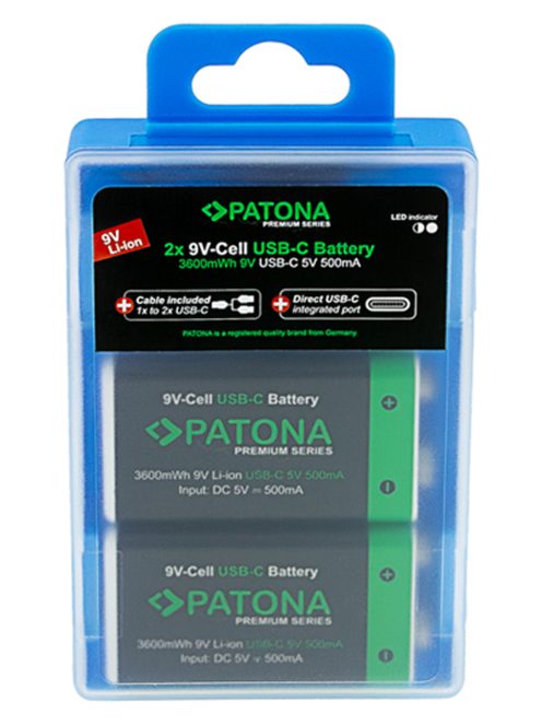 PATONA 9V (6F22) PREMIUM akkumulátor (USB-C) (400mAh) (2db) (1413)