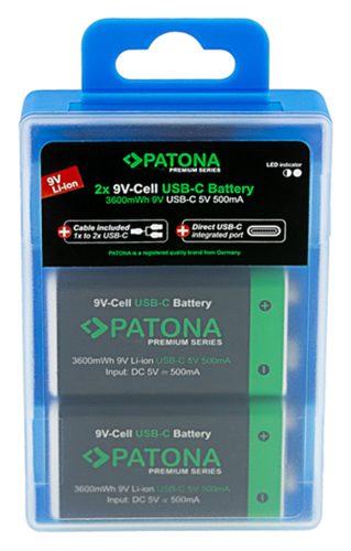 PATONA 9V (6F22) PREMIUM akkumulátor (USB-C) (400mAh) (2db) (1413)