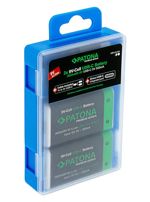 PATONA 9V (6F22) PREMIUM akkumulátor (USB-C) (400mAh) (2db) (1413)