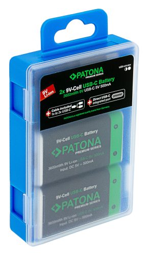 PATONA 9V (6F22) PREMIUM akkumulátor (USB-C) (400mAh) (2db) (1413)