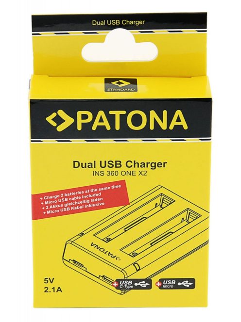 PATONA DUAL akkumulátor töltő (dupla) (for Insta360 ONE X2) (USB-C + micro USB) (1457)