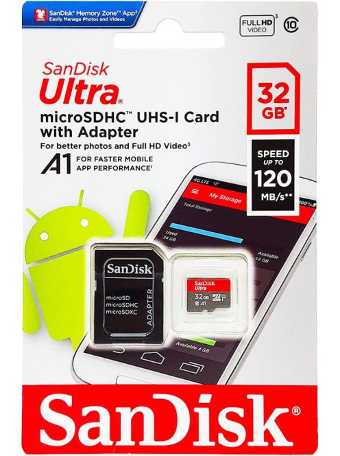SanDisk Ultra® microSDXC™ 32GB memóriakártya + adapter (UHS-I) (120MB/s) (Class10) (A1) (186503)
