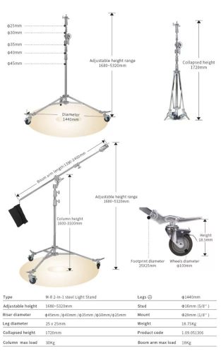JINBEI 2in1 ACÉL LÁMPA ÁLLVÁNY (M-8) (530cm) (1.09.051306)