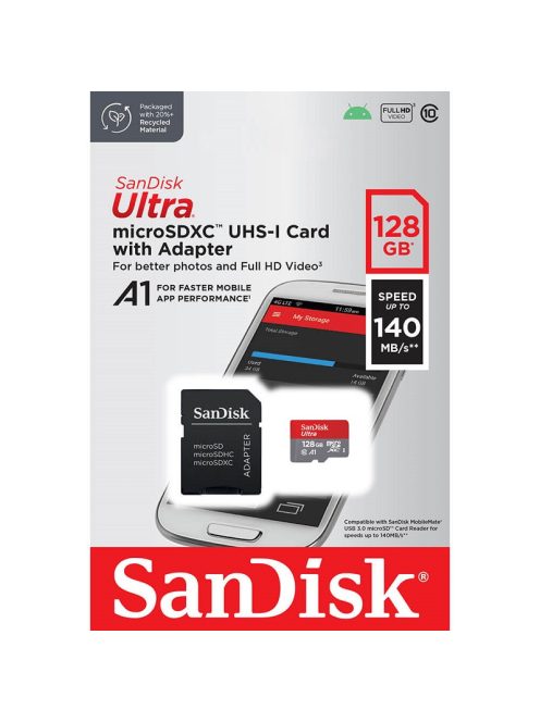 SanDisk Ultra® microSDXC™ 128GB memóriakártya + adapter (UHS-I) (140MB/s) (Class10) (A1) (215422)