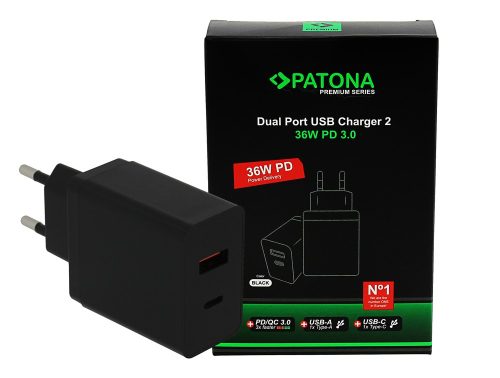 PATONA Premium PD36W USB-C // USB-A töltő (PD3.0 // QC3.0) (black) (2638)
