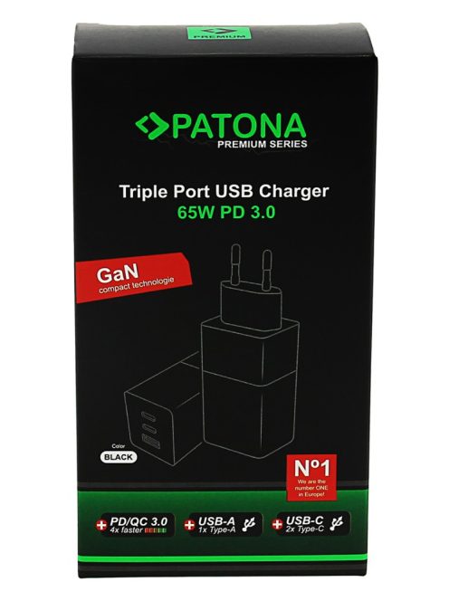 PATONA Premium PD65W 2 x USB-C // USB-A töltő (PD3.0 // QC3.0) (black) (2640)