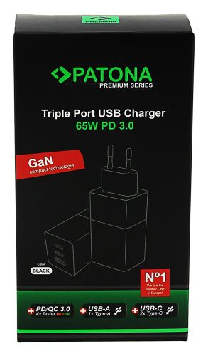 PATONA PD65W 2x USB-C // USB-A PREMIUM töltő (PD3.0 // QC3.0) (black) (2640)