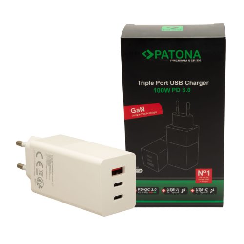 PATONA PD100W 2x USB-C // USB-A PREMIUM töltő (PD3.0 // QC3.0) (white) (2647)