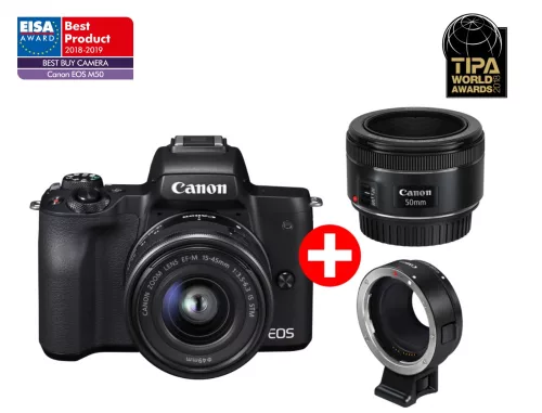 Canon EOS M50 + EF-M 15-45mm + EF 50/1.8 STM + EF-EOS M adapter (2680C061)