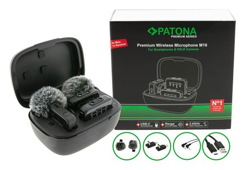 PATONA PREMIUM M16 vezeték nélküli mikrofon KIT (2TX + 1RX + Charging Case) (4218)