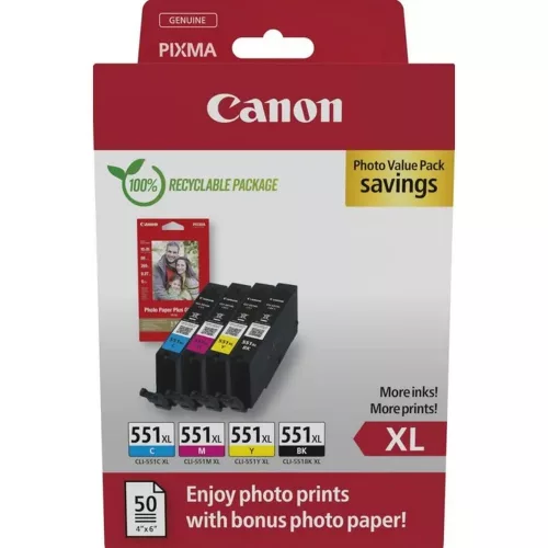 Canon CLI-551XL (4in1) tintapatron multipack (C/M/Y/BK) + 50db fotópapír (6443B008)