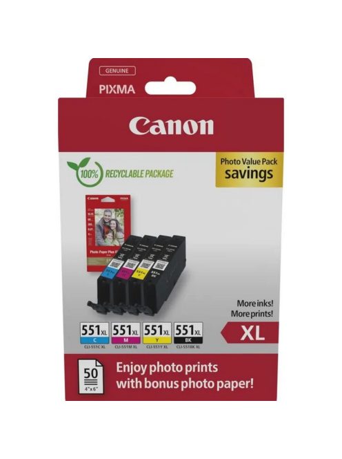 Canon CLI-551 XL (4in1) tintapatron multipack (C/M/Y/BK) + 50db fotópapír (6443B008)