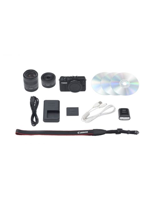 Canon EOS M váz + EF-M 18-55mm / 3.5-5.6 IS STM + EF-M 22mm / 2.0 STM objektívek + 90EX vaku (fekete)