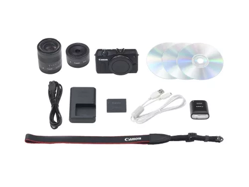 Canon EOS M váz + EF-M 18-55mm / 3.5-5.6 IS STM + EF-M 22mm / 2.0 STM objektívek + 90EX vaku (fekete)