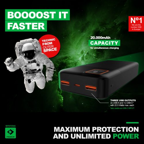 PATONA PREMIUM Power Bank STARK 4.0 (20.000mAh) (PD 22.5W) (QI) (1x USB-C) (1x USB-A) (9417)