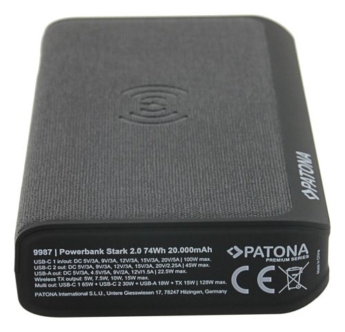 PATONA PREMIUM Powerbank STARK 2.0 (20.000mAh) (PD 100W) (QI) (2x USB-C) (1x USB-A) (9987)