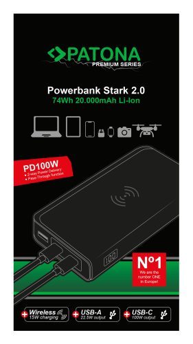 PATONA PREMIUM Powerbank STARK 2.0 (20.000mAh) (PD 100W) (QI) (2x USB-C) (1x USB-A) (9987)
