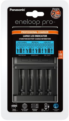 Panasonic Eneloop Pro 1/2/3/4db - AA/AAA akkumulátor töltő és kisütő LCD kijelzővel (BQCC65E)