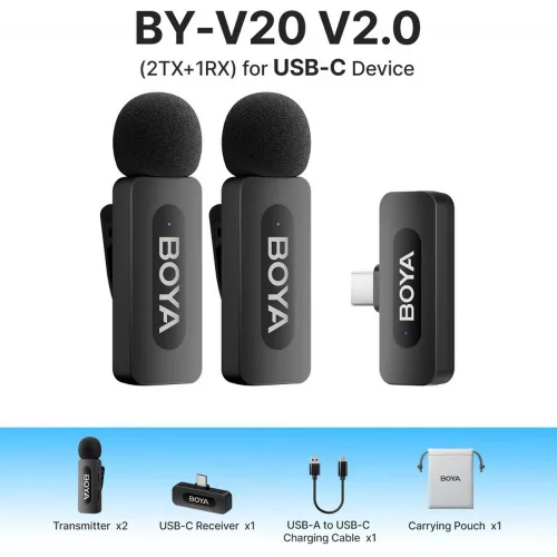 Boya BY-V20 vezeték nélküli mikrofon USB-C csatlakozóval (2TX + 1RX)