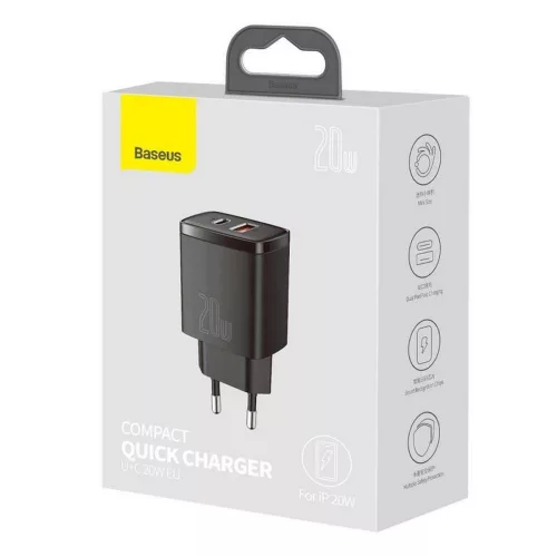 Baseus Compact hálózati töltő USB-C // USB-A (20W) (3A) (QC3.0)