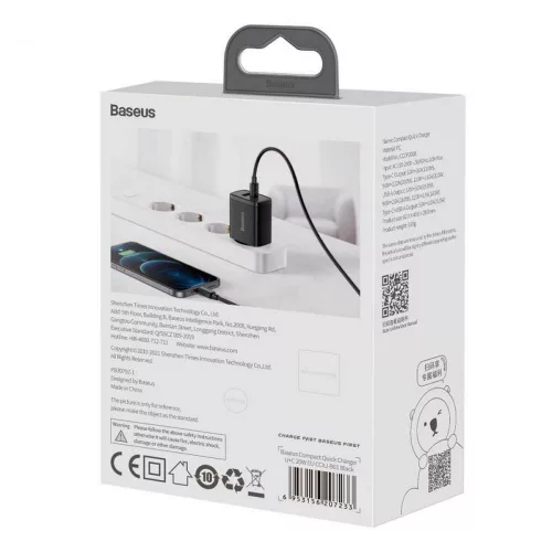 Baseus Compact hálózati töltő USB-C // USB-A (20W) (3A) (QC3.0)