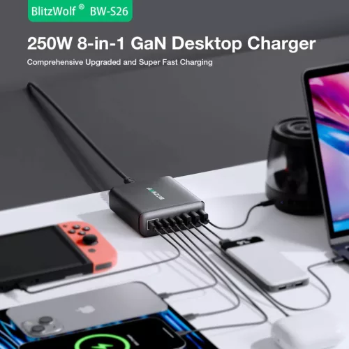 Blitzwolf® BW-S26 (250W) 8 portos USB "PD" asztali gyorstöltő állomás
